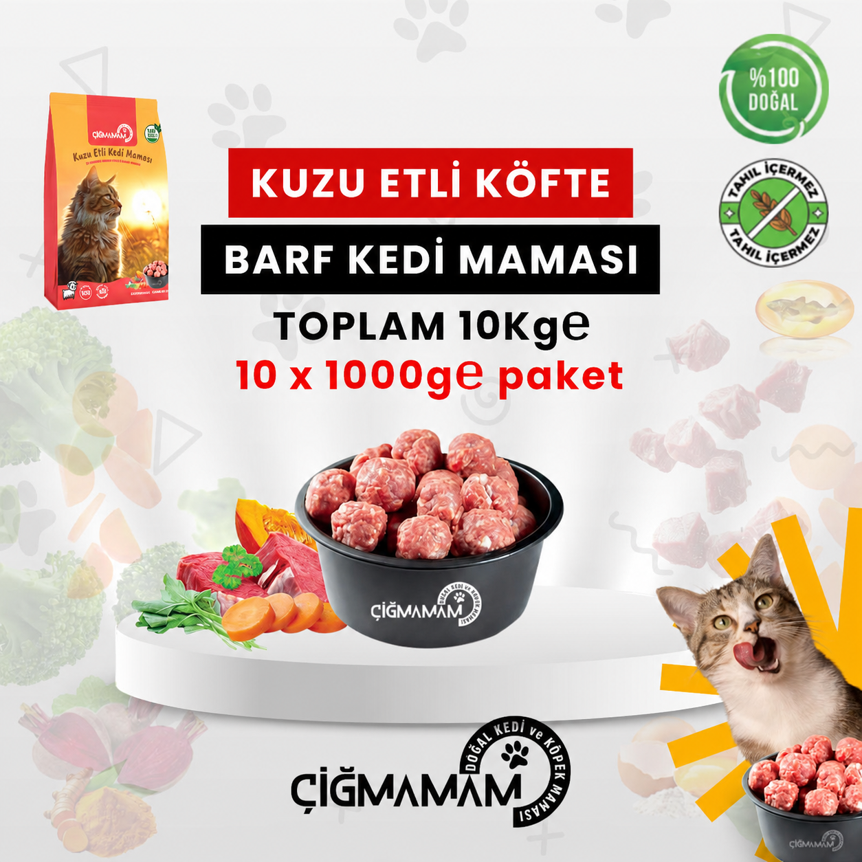 Çiğmamam - Çiğmamam Kuzu Etli Köfte BARF Kedi Maması 10 Kg - 1000 Gr'lık	