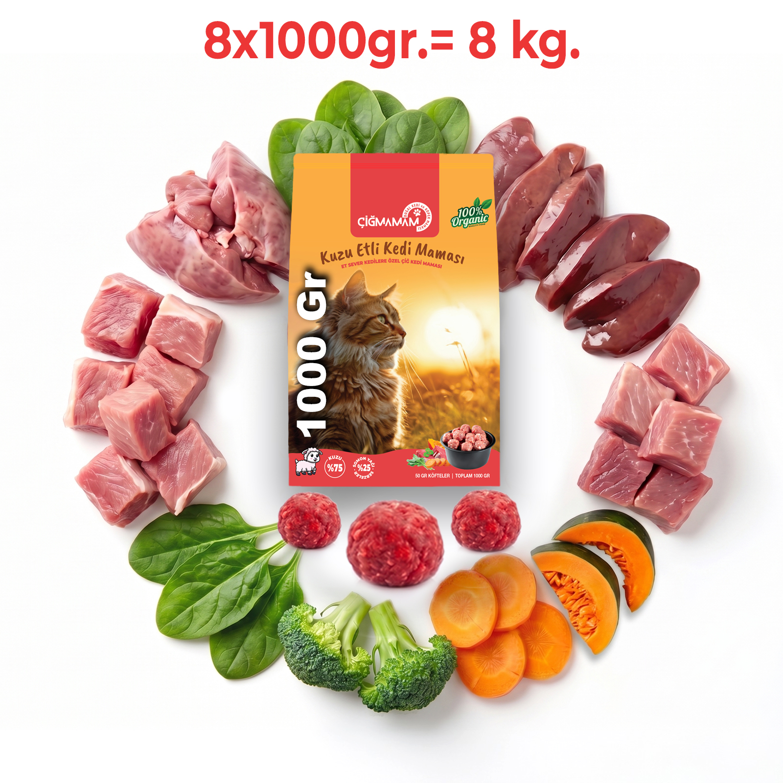 Çiğmamam - Çiğmamam Kuzu Etli Köfte BARF Kedi Maması 8 Kg - 1000 Gr'lık