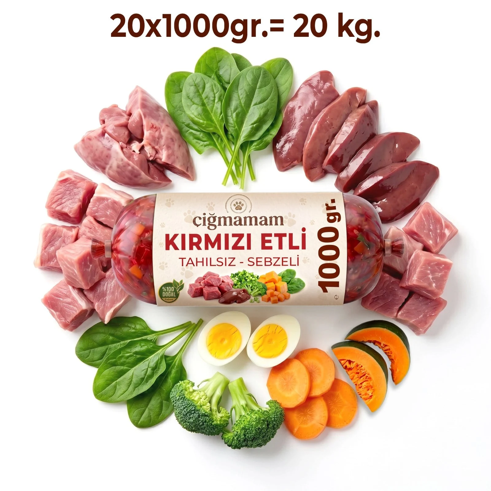 Çiğmamam - Kırmızı Etli Tahılsız BARF Köpek Maması 20 Kg - 1000 Gr'lık