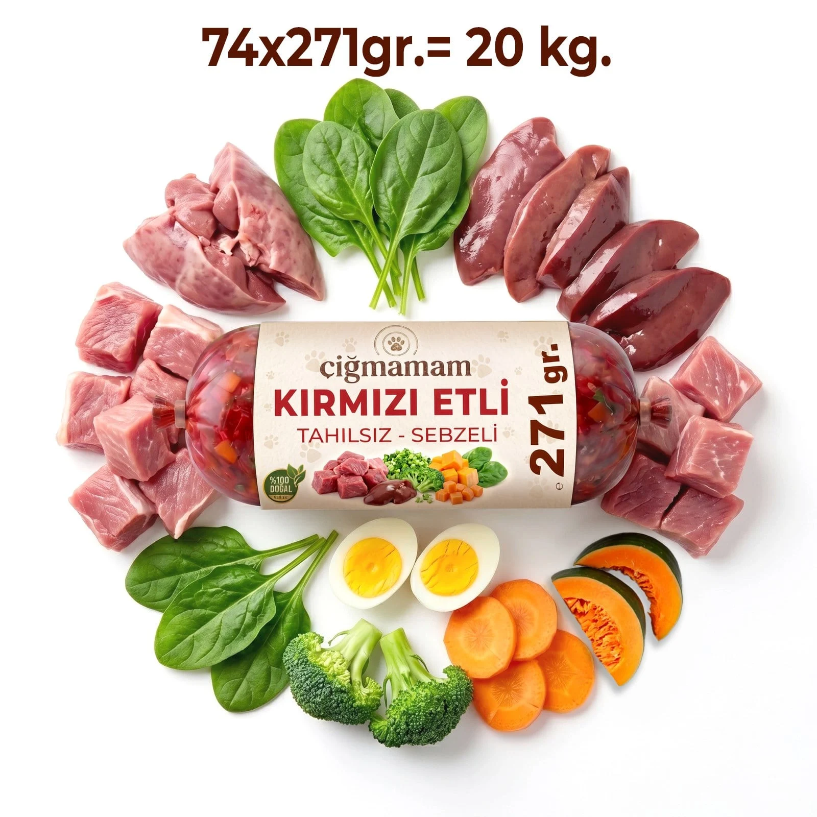 Çiğmamam - Kırmızı Etli Tahılsız BARF Köpek Maması 20 Kg - 271 Gr'lık	