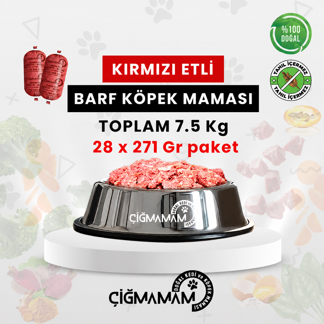 Çiğmamam - Kırmızı Etli Tahılsız BARF Köpek Maması 7.5 Kg - 271 Gr'lık