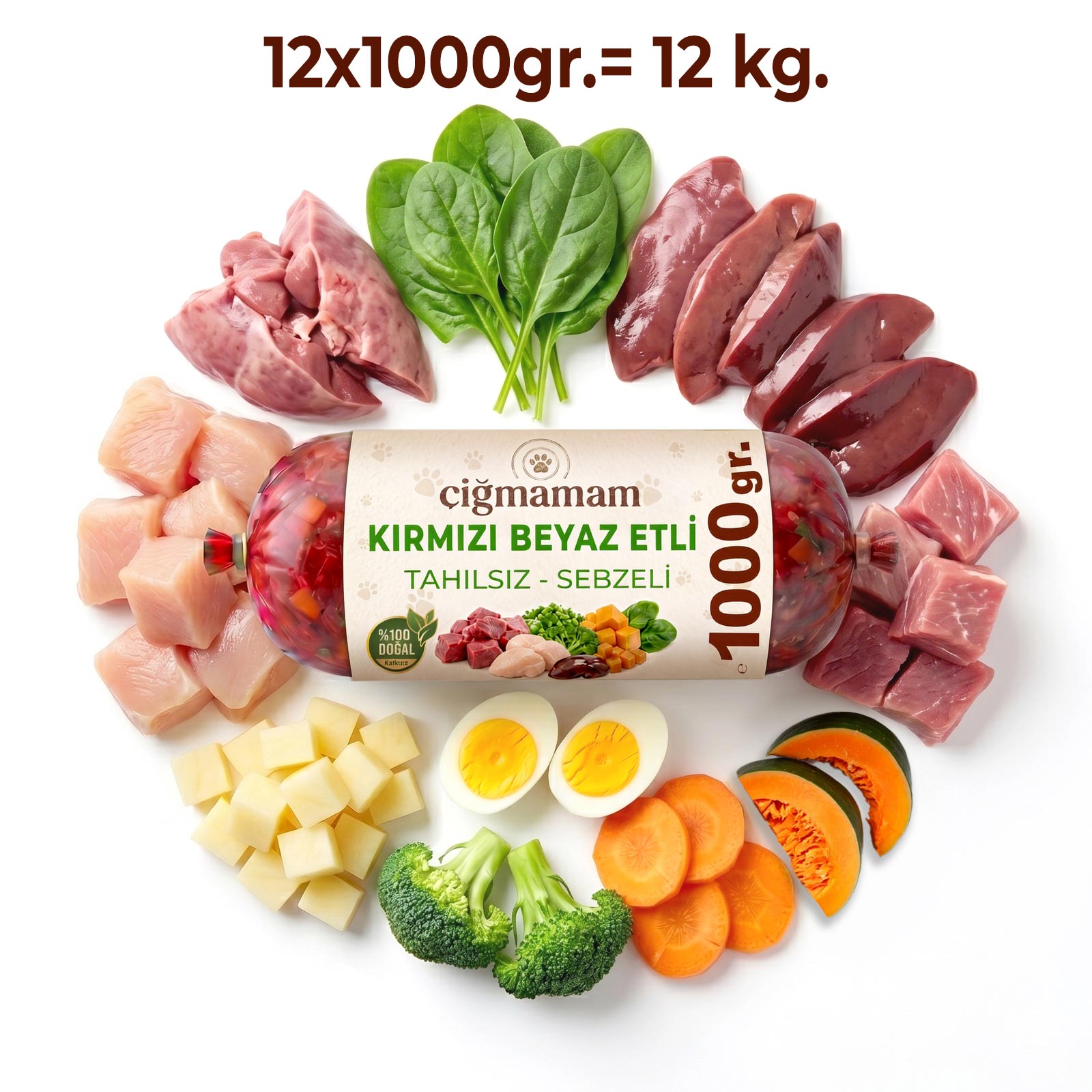 Çiğmamam - Kırmızı ve Beyaz Etli BARF Köpek Maması 12 Kg - 1000 Gr'lık	