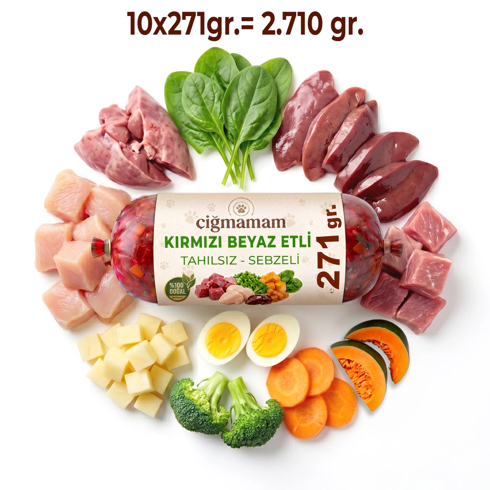 Çiğmamam - Kırmızı ve Beyaz Etli BARF Köpek Maması 2.710 Gr - 271 Gr'lık
