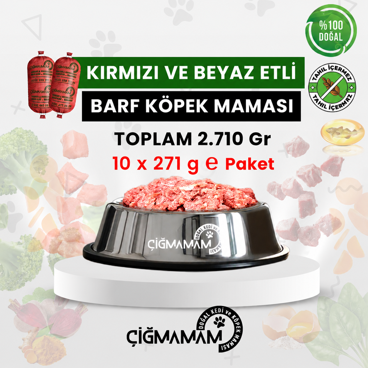 Çiğmamam - Kırmızı ve Beyaz Etli BARF Köpek Maması 2.710 Gr - 271 Gr'lık
