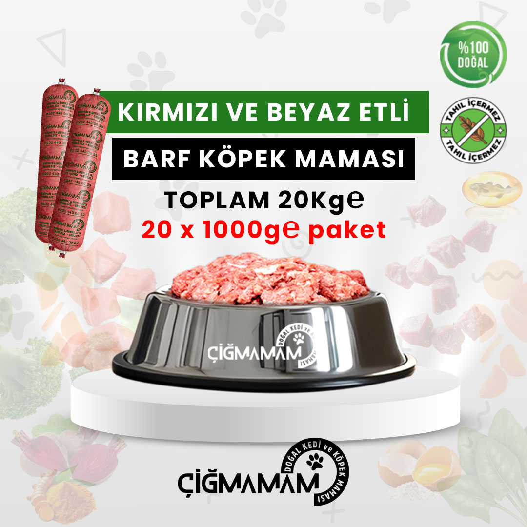 Çiğmamam - Kırmızı ve Beyaz Etli BARF Köpek Maması 20 Kg - 1000 Gr'lık