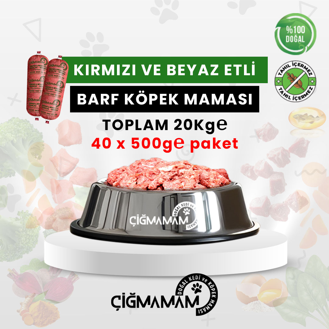 Kırmızı ve Beyaz Etli BARF Köpek Maması 20 Kg - 500 Gr'lık
