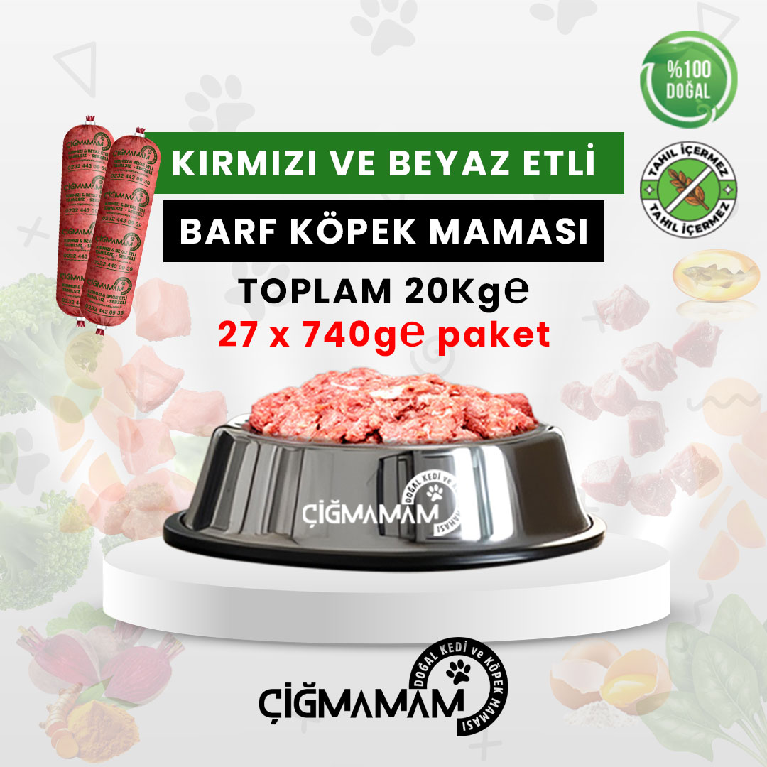 Çiğmamam - Kırmızı ve Beyaz Etli BARF Köpek Maması 20 Kg - 740 Gr'lık