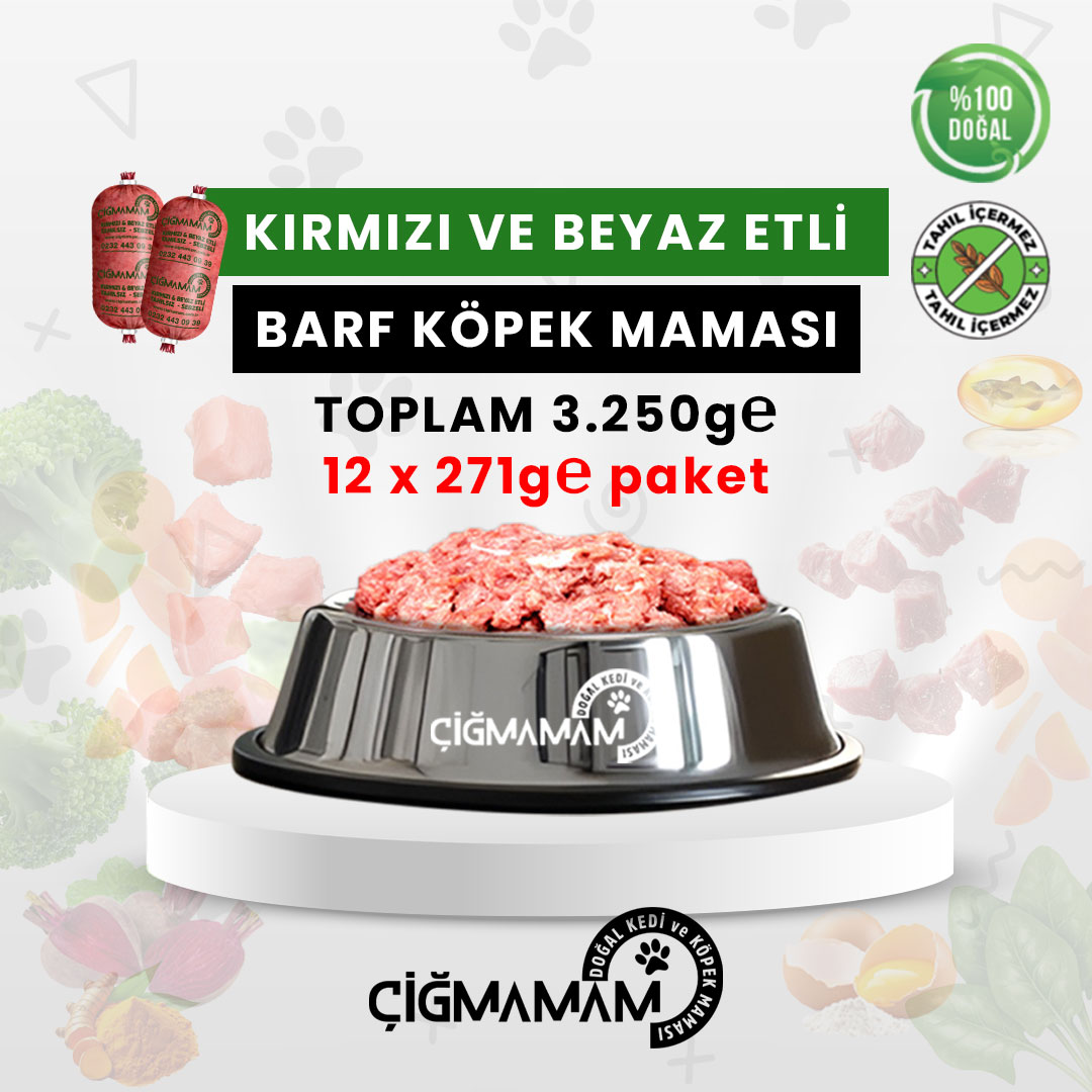 Kırmızı ve Beyaz Etli BARF Köpek Maması 3.250 Gr - 271 Gr'lık