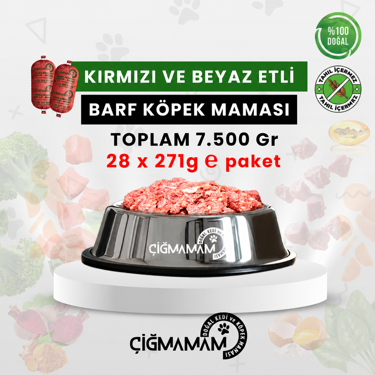 Çiğmamam - Kırmızı ve Beyaz Etli BARF Köpek Maması 7.500 Gr - 271 Gr'lık