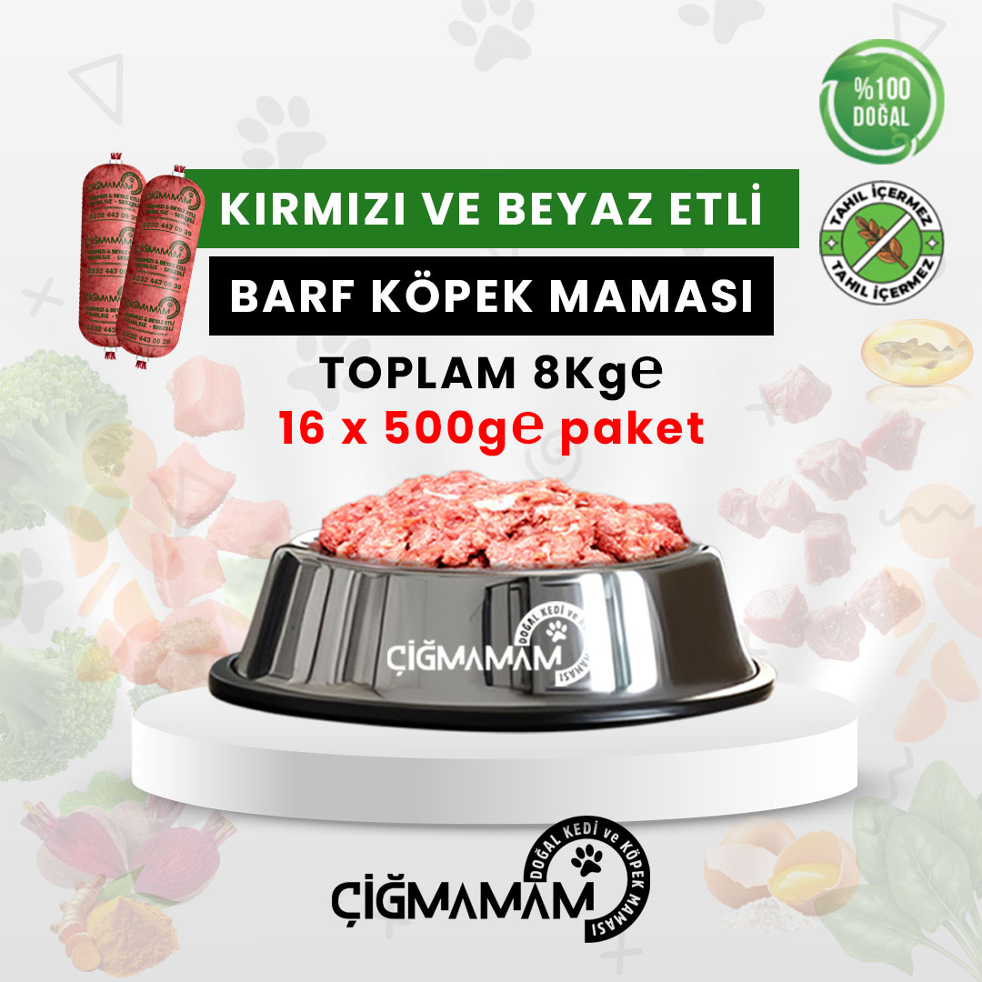 Kırmızı ve Beyaz Etli BARF Köpek Maması 8 Kg - 500 Gr'lık