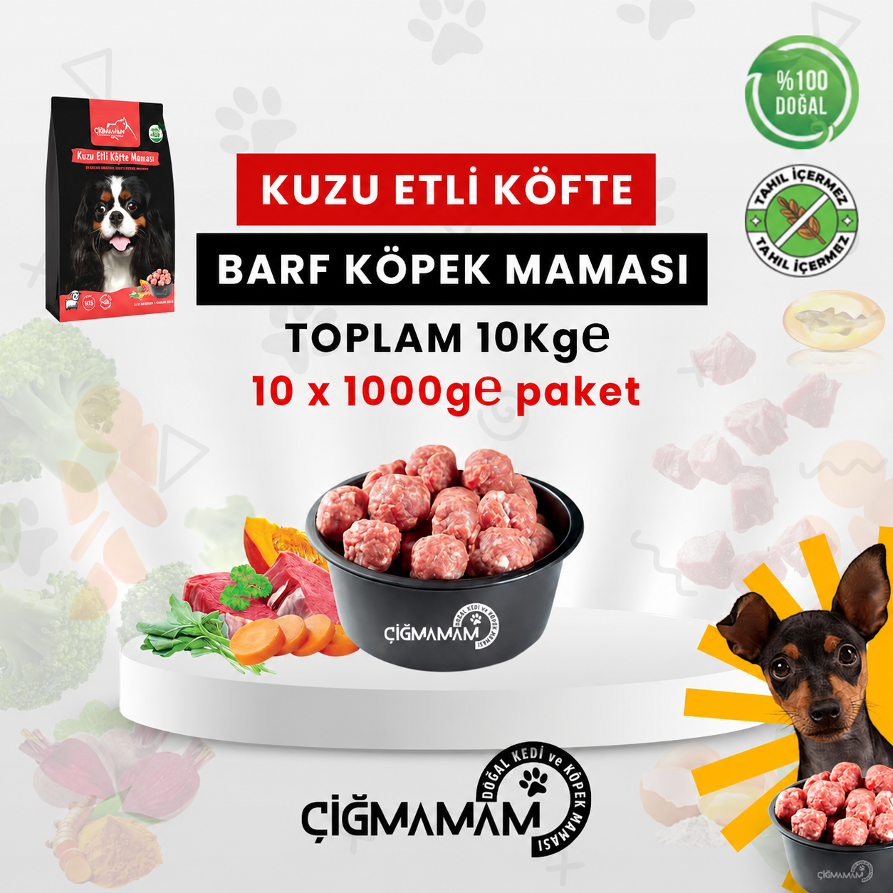 Çiğmamam - Kuzu Etli  Köfte BARF Köpek Maması 10 Kg - 1000 Gr