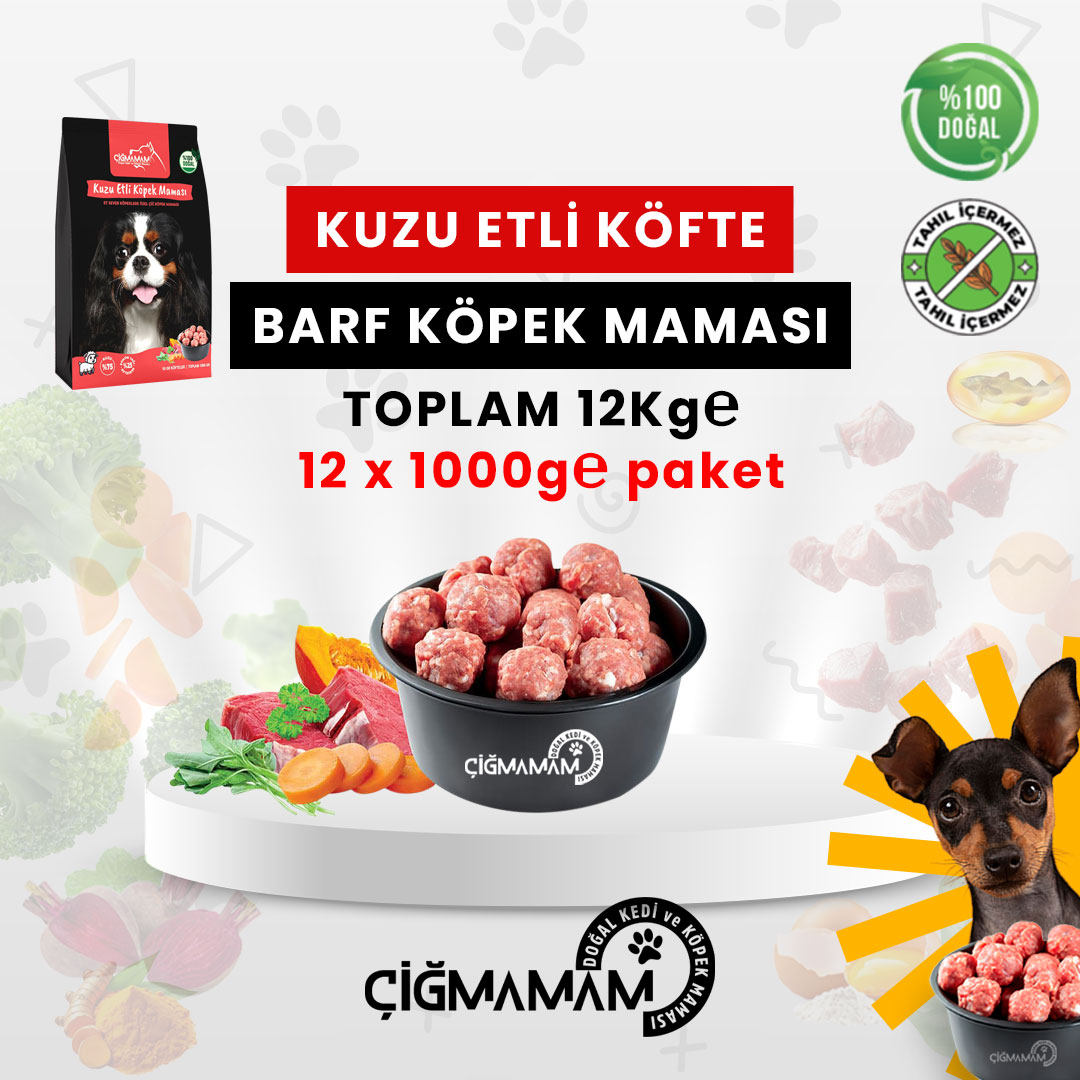 Kuzu Etli  Köfte BARF Köpek Maması 12 Kg - 1000 Gr'lık